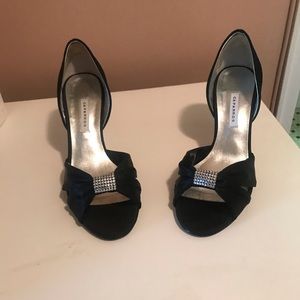 Capparos Ensue Black Satin Open- Toe Dressy Heels with Rhinestone Clasp on Toe